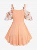 Plus Size Rose Flower Print Surplice Ruffles Split Tulip Hem Cold Shoulder 2 In 1 Tank Top -  