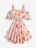 Plus Size Rose Flower Print Surplice Ruffles Split Tulip Hem Cold Shoulder 2 In 1 Tank Top -  