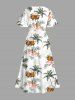 Robe Hawaïen Mi-Longue Fendue Fleur Tropicale et Arbre de Noix de Coco Imprimés de Grande Taille - Blanc L