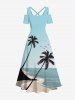 Maxi Robe Hawaïen Ligne A Ombrée Cocotier et Oiseau Imprimés à Epaule Dénudée de Grande Taille - Bleu clair M