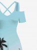 Maxi Robe Hawaïen Ligne A Ombrée Cocotier et Oiseau Imprimés à Epaule Dénudée de Grande Taille - Bleu clair M