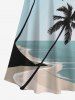 Maxi Robe Hawaïen Ligne A Ombrée Cocotier et Oiseau Imprimés à Epaule Dénudée de Grande Taille - Bleu clair M