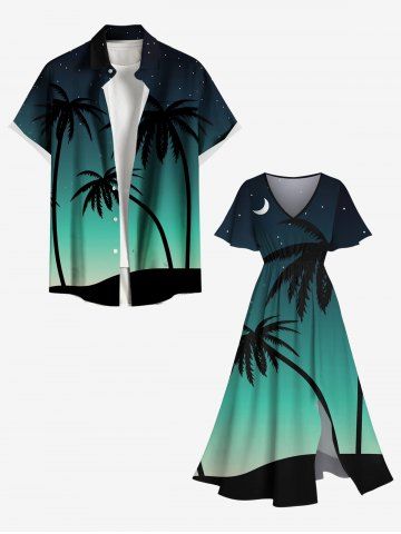 Coconut Tree Moon Ombre Galaxy Print Plus Size Matching Hawaii Beach Outfit For Couples - GREEN