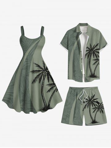 Coconut Tree Tropical Leaf Print Plus Size Matching Hawaii Beach Outfit For Couples