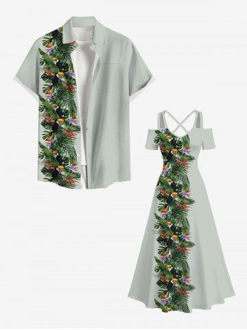 Tropical Leaf Flower Print Plus Size Matching Hawaii Beach Outfit For Couples - GRAY