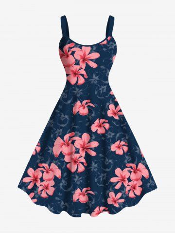 Plus Size Floral Leaves Print Hawaii A Line Tank Dress - BLUE - 1X