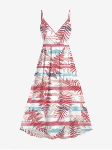 Plus Size Tropical Leaves Branch Striped Graffiti Print Hawaii Surplice A Line Cami Dress - RED - XS