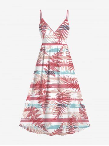 Plus Size Tropical Leaves Branch Striped Graffiti Print Hawaii Surplice A Line Cami Dress - RED - L