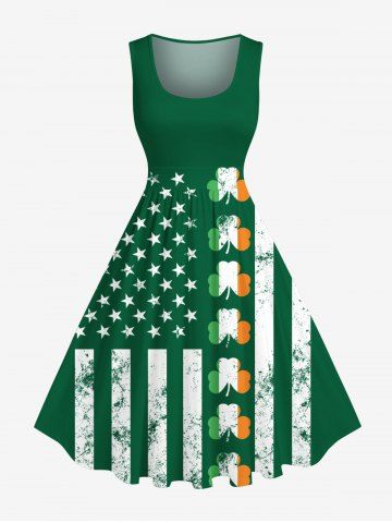 Plus Size St. Patrick's Day Clover Leaf Patriotic American Flag Print 1950s Vintage Dress - GREEN - XS