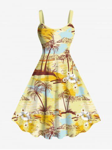 Plus Size Coconut Tree Flowers Seascape Print Hawaii Tank Dress - YELLOW - XS