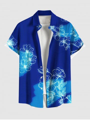 Plus Size Flower Leaf Colorblock Print Buttons Pocket Hawaii Shirt For Men