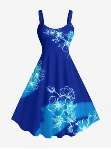 Plus Size Flower Leaf Colorblock Print Hawaii Tank Dress - BLUE - 4X