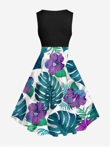 Plus Size Tropical Leaf Flower Print Hawaii 1950s Vintage Dress