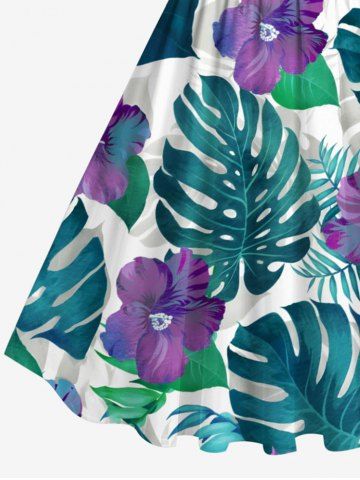 Plus Size Tropical Leaf Flower Print Hawaii 1950s Vintage Dress