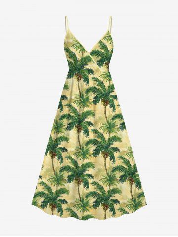 Plus Size Coconut Tree Print Hawaii Ombre Surplice A Line Cami Dress - LIGHT YELLOW - 1X