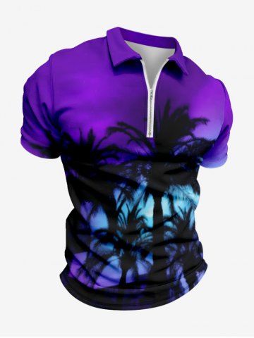 Plus Size Turn-down Collar Coconut Tree Tie Dye Ombre Sky Print Half Zipper Hawaii Polo Shirt For Men - PURPLE - XS