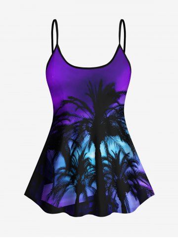 Coconut Tree Tie Dye Ombre Sky Print Hawaii Tankini Top(Adjustable Shoulder Strap) - PURPLE - S