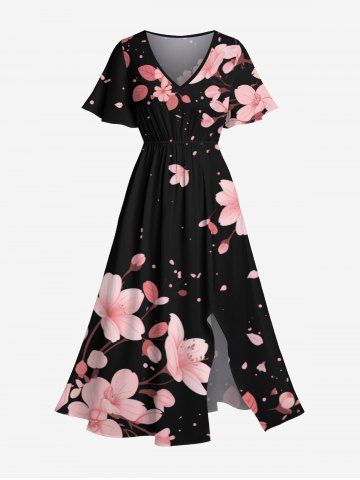 Plus Size Peach Blossom Petals Flower Print Hawaii Split Pocket A Line Midi Dress - BLACK - 1X
