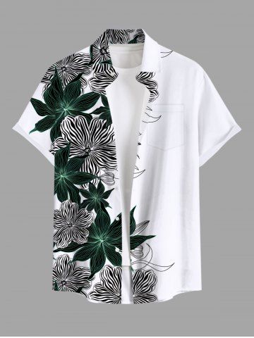 Plus Size Striped Floral Print Hawaii Button Pocket Shirt For Men