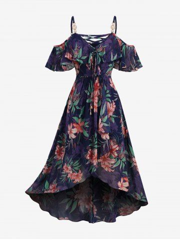 Plus Size Hibiscus Flower Print Lace Trim Lattice Braided Ruffles Tulip Hem Cold Shoulder High Low Dress - DEEP BLUE - 5X | US 30-32