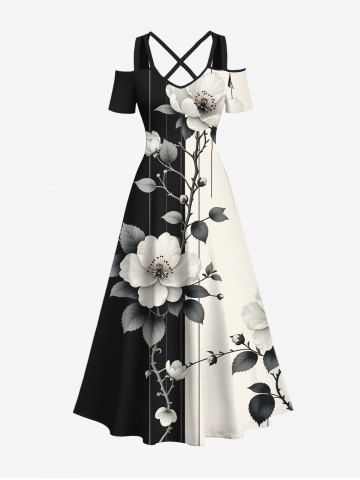 Plus Size Distressed Flower Leaf Branch Ombre Colorblock Print Hawaii Crisscross A Line Maxi Dress - BLACK - L