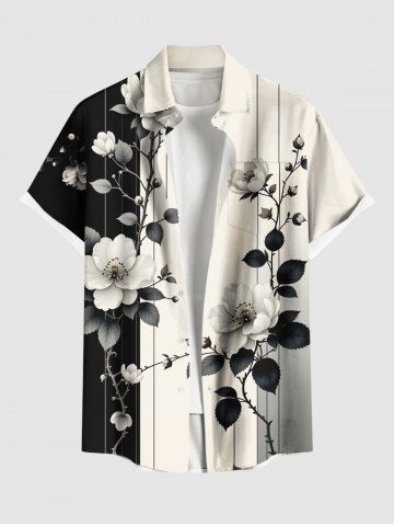 Plus Size Distressed Flower Leaf Branch Ombre Colorblock Print Hawaii Button Pocket Shirt For Men - BLACK - 6XL
