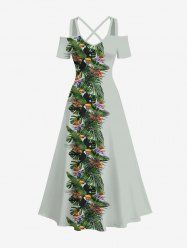 Maxi Robe Hawaïen Croisée Fleur Feuille Tropicale Imprimée à Epaule Dénudée de Grande Taille - Gris L