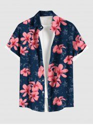 Plus Size Floral Leaves Print Hawaii Button Pocket Shirt For Men -  