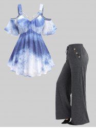 Splatter Tie Dye Print Heart Buckle Strappy Top and Pocket Drawstring Marled Wide Leg Pants Plus Size Outfit -  