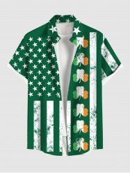 Plus Size St. Patrick's Day Clover Leaf Patriotic American Flag Print Buttons Pocket Shirt For Men -  