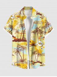Plus Size Coconut Tree Flowers Seascape Print Buttons Pocket Hawaii Shirt For Men -  