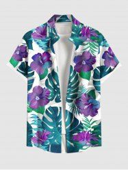 Plus Size Tropical Leaf Flower Print Buttons Pocket Hawaii Shirt For Men -  