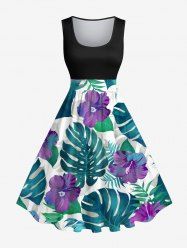 Robe Vintage 1950's Imprimé Feuille Tropicale Grande Taille - Noir M
