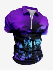 Plus Size Turn-down Collar Coconut Tree Tie Dye Ombre Sky Print Half Zipper Hawaii Polo Shirt For Men -  