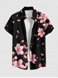 Plus Size Peach Blossom Petals Flower Print Hawaii Button Pocket Shirt For Men -  