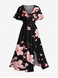 Plus Size Peach Blossom Petals Flower Print Hawaii Split Pocket A Line Midi Dress -  