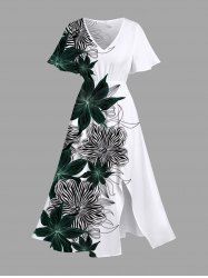 Plus Size Striped Floral Print Hawaii Split Pocket A Line Midi Dress -  