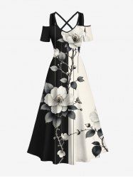 Plus Size Distressed Flower Leaf Branch Ombre Colorblock Print Hawaii Crisscross A Line Maxi Dress -  