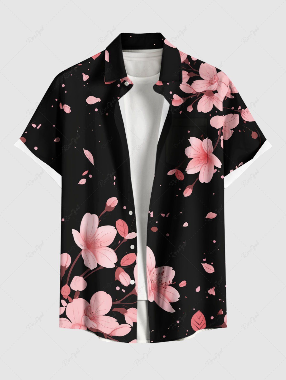 Store Plus Size Peach Blossom Petals Flower Print Hawaii Button Pocket Shirt For Men  