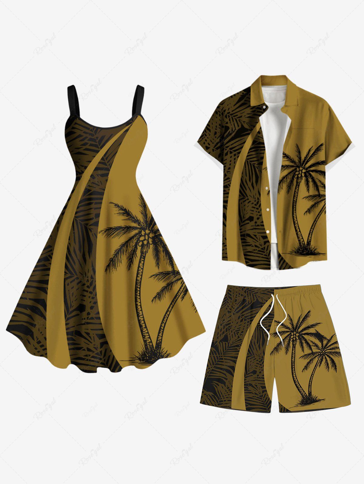 Coconut Tree Tropical Leaf Print Plus Size Matching Hawaii Beach Outfit For Couples