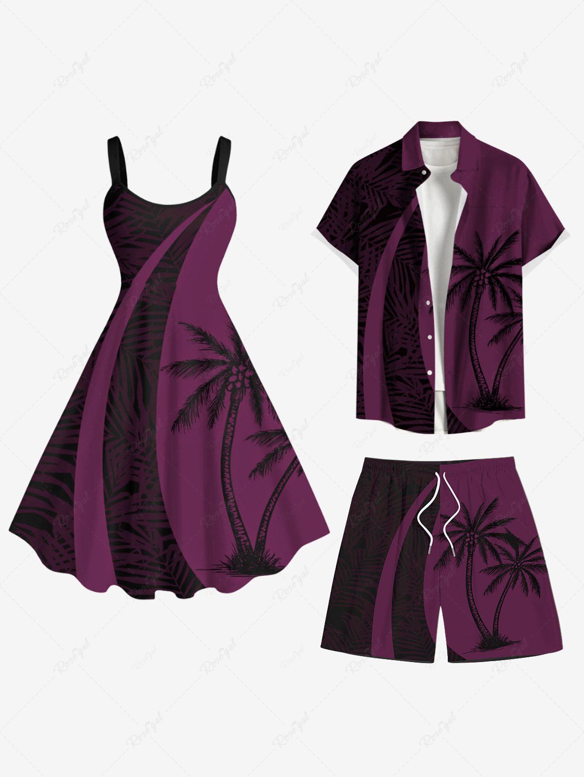 Sale Coconut Tree Tropical Leaf Print Plus Size Matching Hawaii Beach Outfit For Couples  