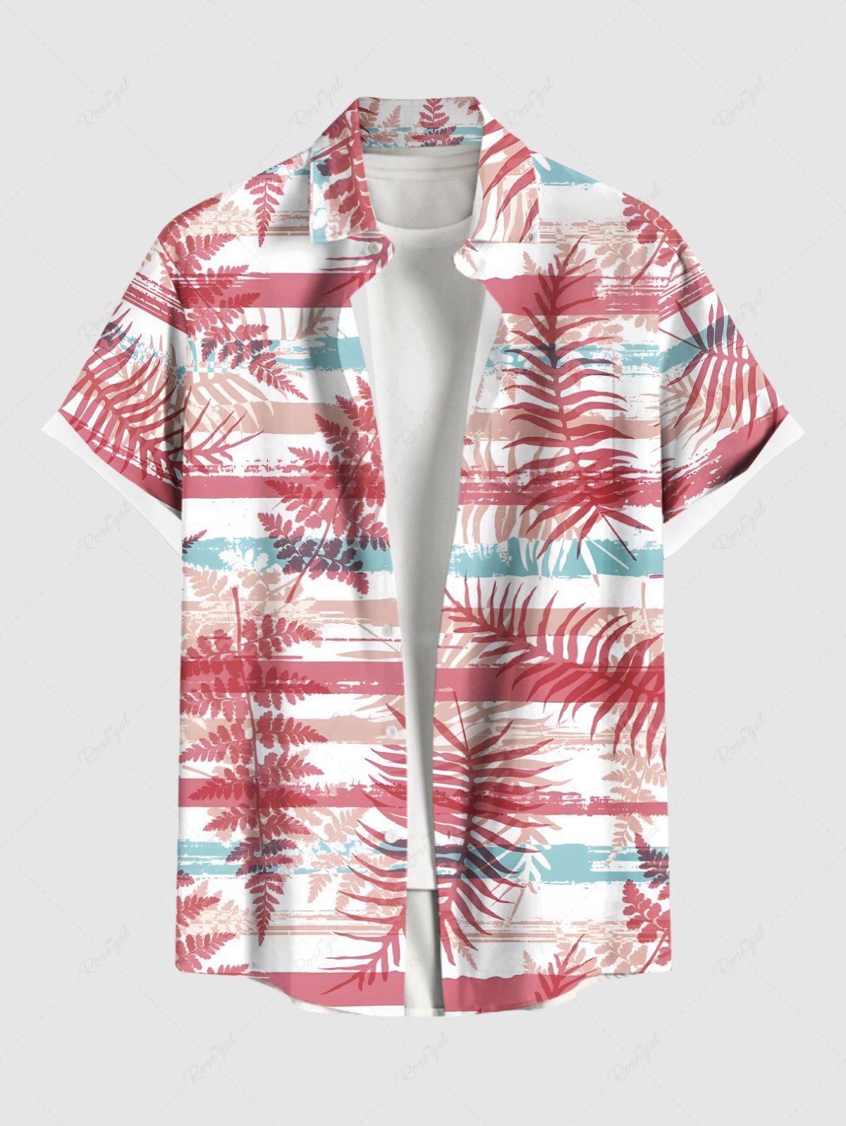 Sale Plus Size Tropical Leaves Branch Striped Graffiti Print Hawaii Button Pocket Shirt For Men  