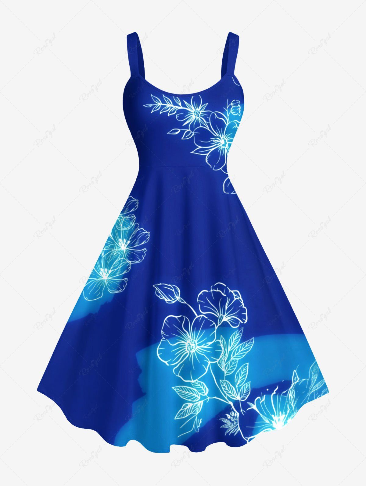 Robe Débardeur Trapèze en Blocs de Couleurs Fleur et Feuille Imprimées de Grande Taille Bleu 6X