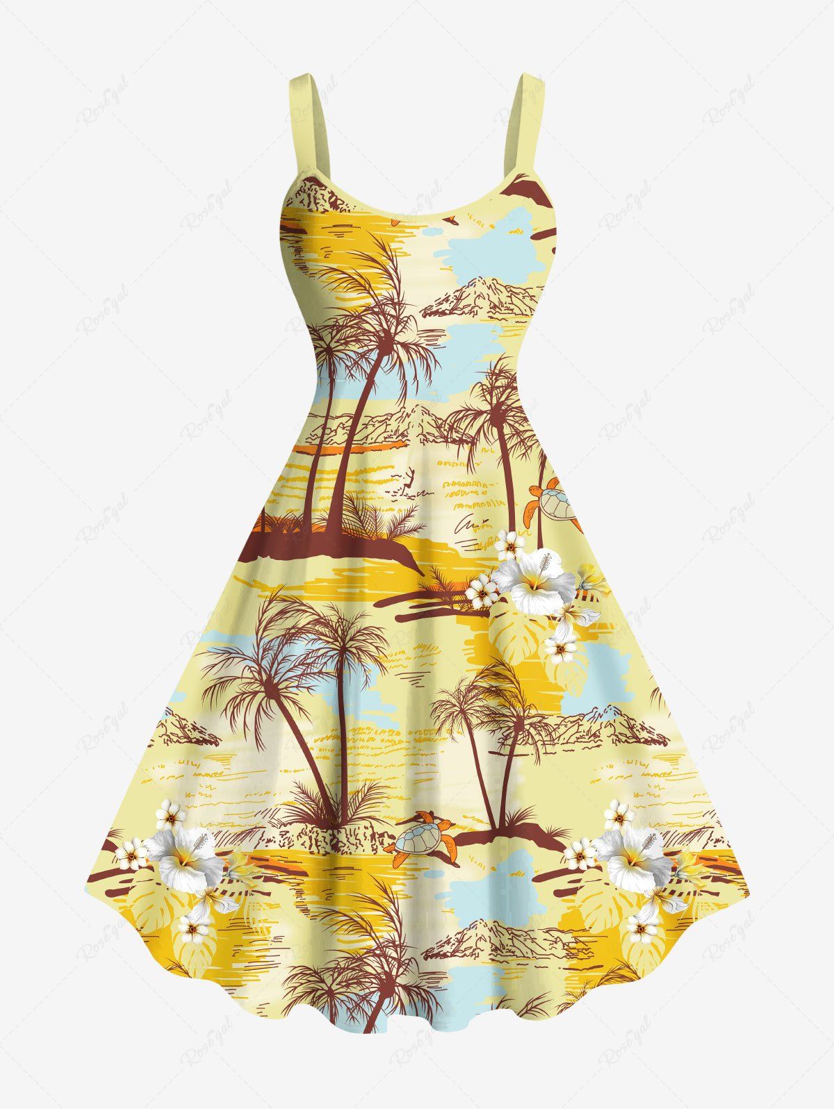Buy Plus Size Coconut Tree Flowers Seascape Print Hawaii Tank Dress  