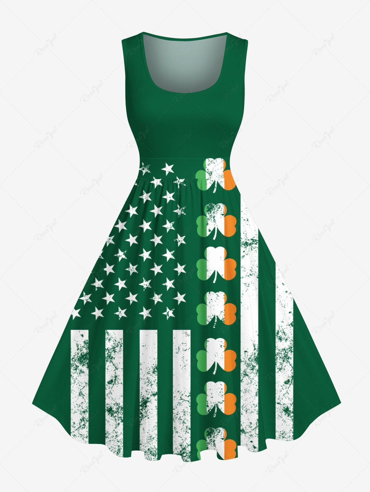 Fashion Plus Size St. Patrick's Day Clover Leaf Patriotic American Flag Print 1950s Vintage Dress  