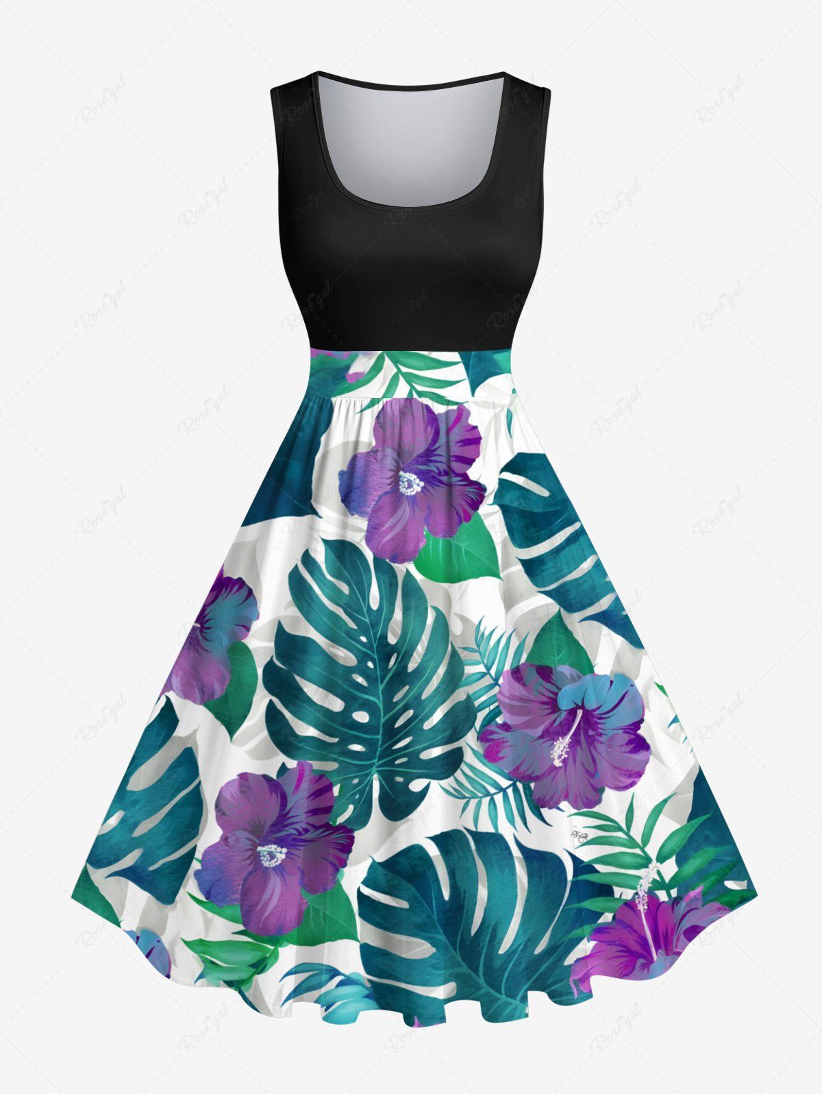 Fashion Plus Size Tropical Leaf Flower Print Hawaii 1950s Vintage Dress  