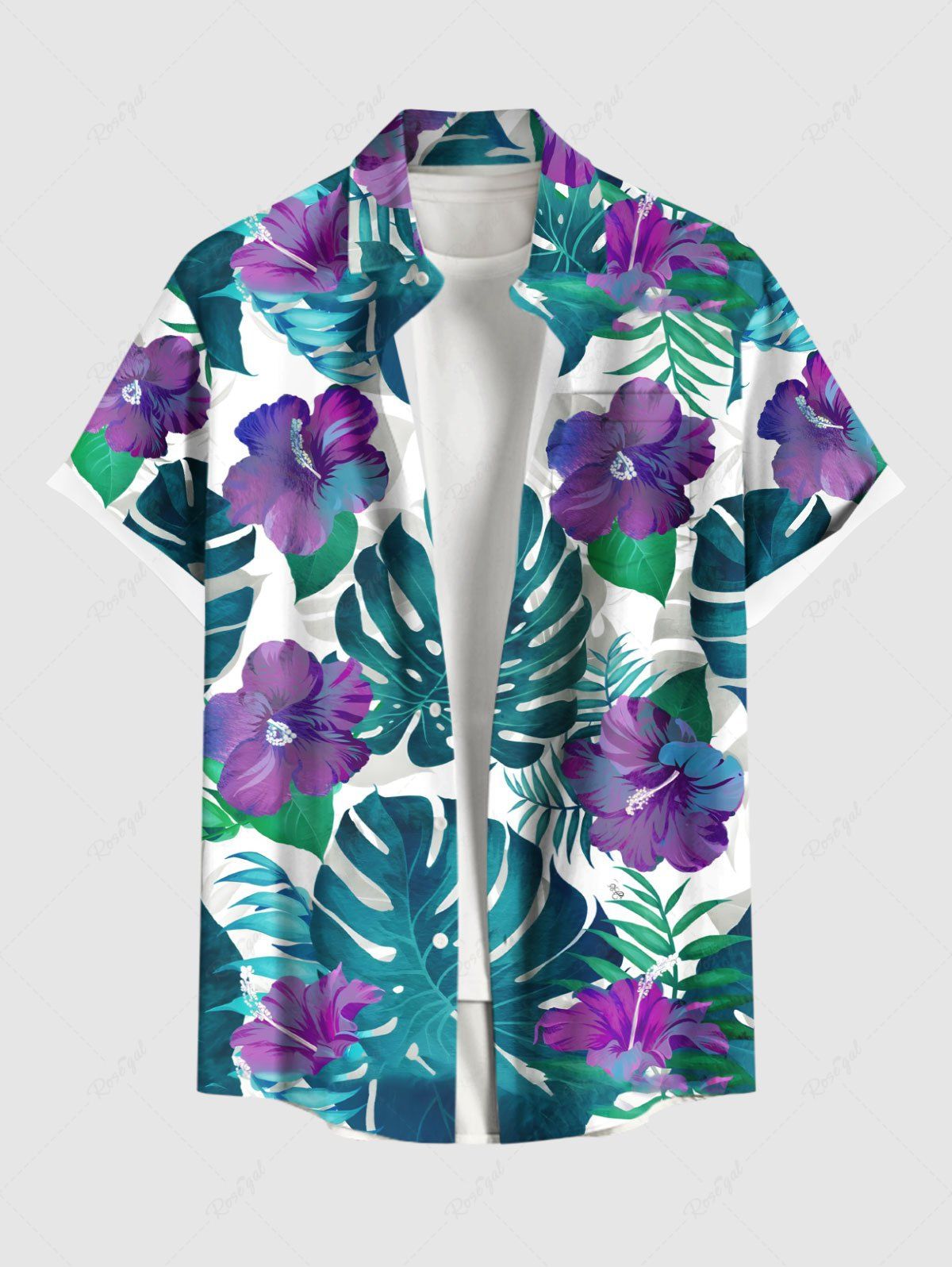 Discount Plus Size Tropical Leaf Flower Print Buttons Pocket Hawaii Shirt For Men  