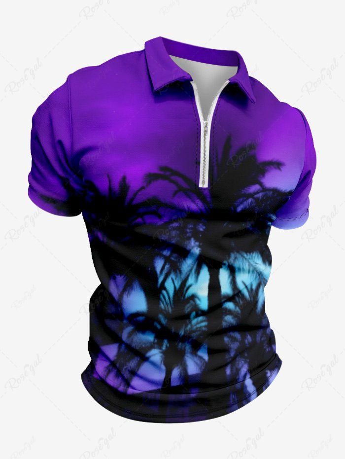 Best Plus Size Turn-down Collar Coconut Tree Tie Dye Ombre Sky Print Half Zipper Hawaii Polo Shirt For Men  