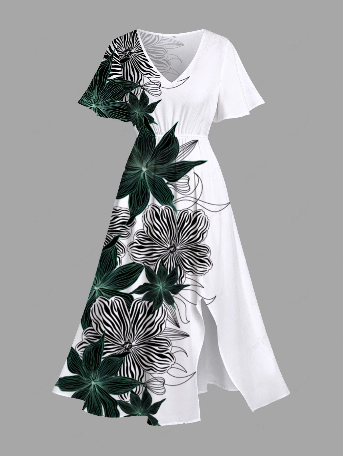 Robe Mi-Longue Linge A Rayée Fleurie Imprimée de Grande Taille avec Poche Blanc 6X