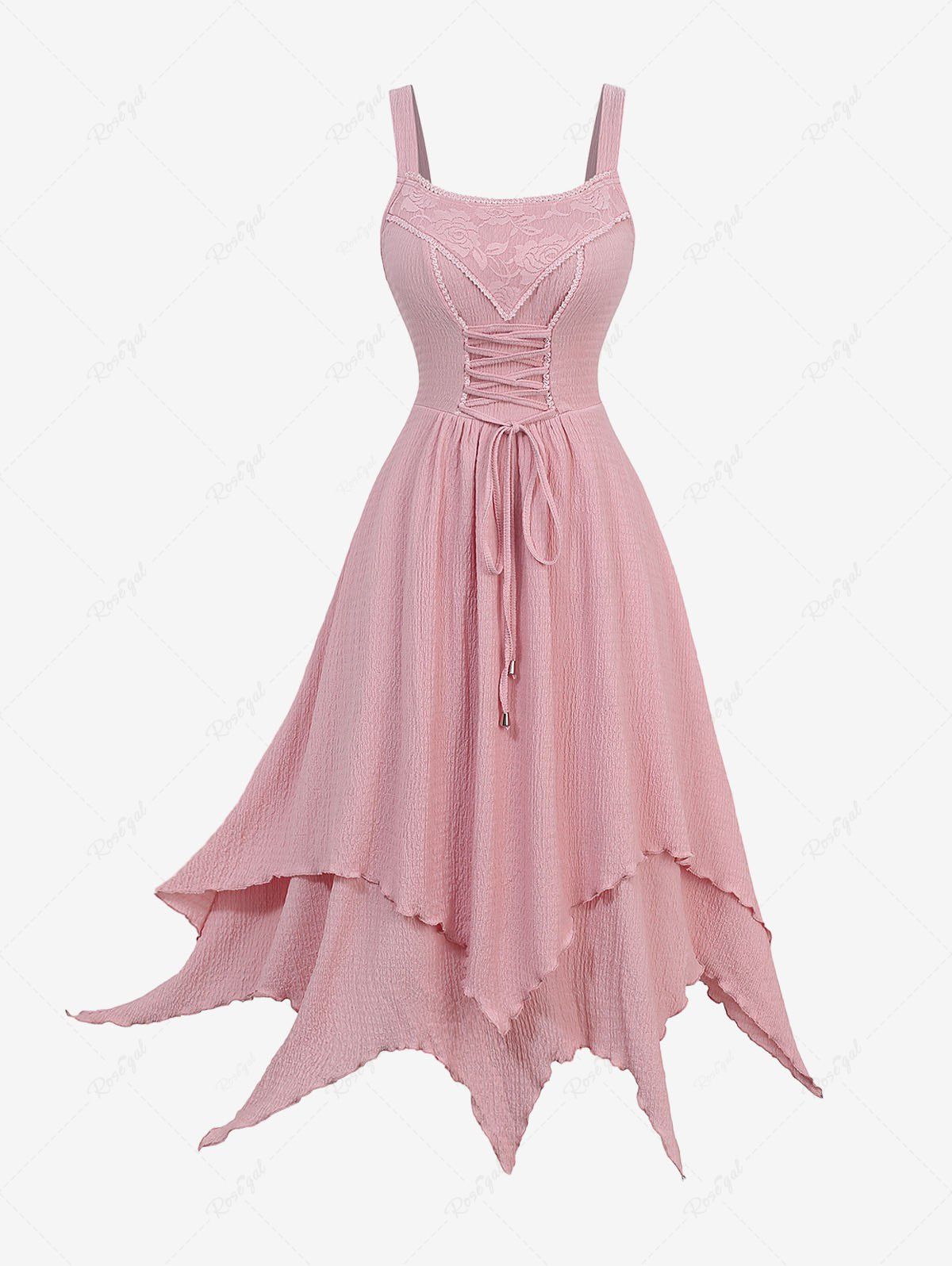Shops Plus Size Rose Flower Lace Panel Lace-up Ruffles Layered Asymmetrical Tank Cottagecore Dress  
